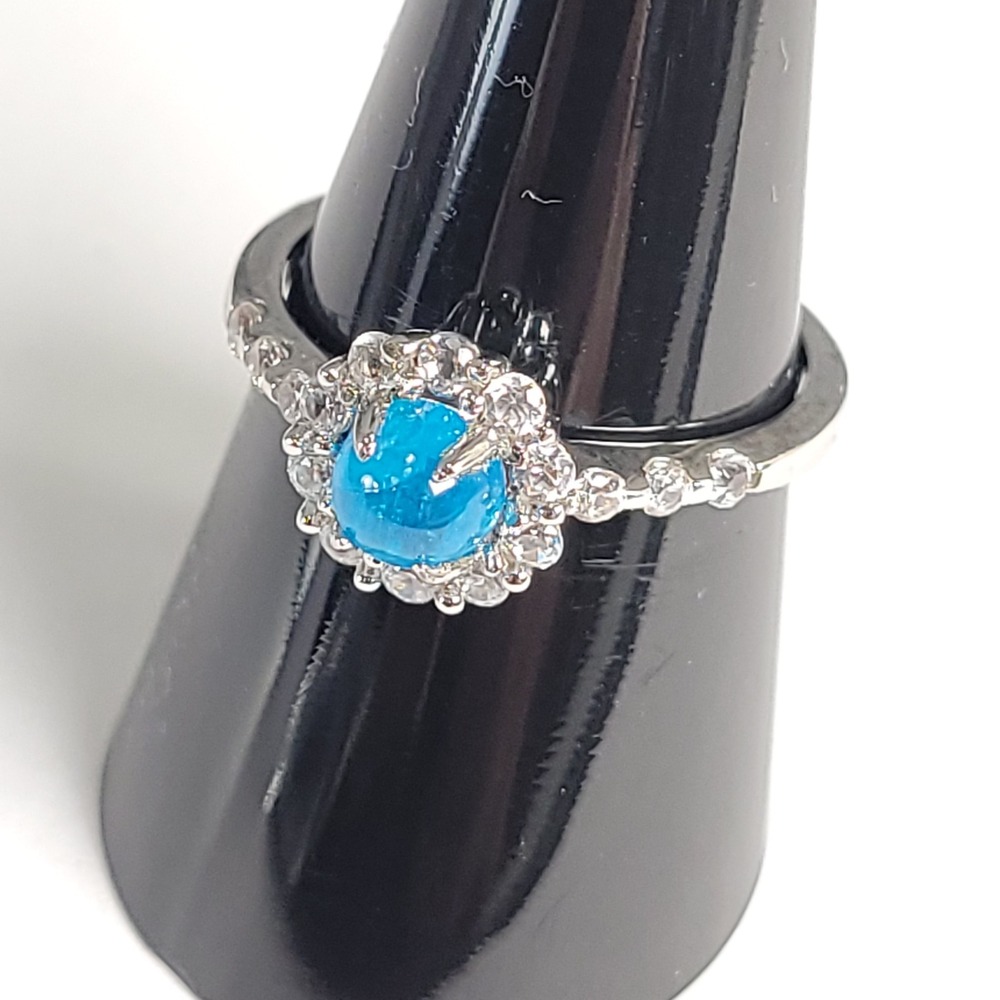 D-D Sterling Silver Blue Cabochon Halo Ring Size 9 Cubic Zirconia Accents 925